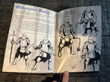 Open book with illustrations of armored figures and text on a dark textured surface
