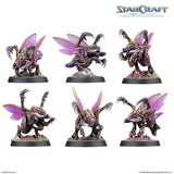 Six fantasy dragon-like figurines with purple accents on a white background, featuring the StarCraft logo.