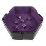 Hexagonal purple dice tray with dice on a white background