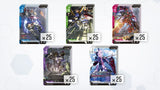 Five collectible trading card packs arranged on a light gray background, each showing a different sci-fi mecha illustration and a large 'x25' multiplier badge overlaid near the bottom of the pack.