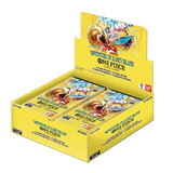 Display box of One Piece card game packs on a white background