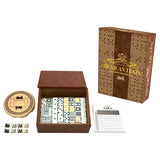 Mexican Train game set with wooden box, tiles, and scorepad on a white background