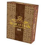 Wooden box for 'Mexican Train' board game with decorative text and design.