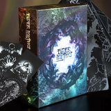 Elder Mythos card game box with cards on a dark background