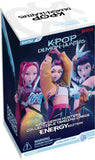 K-POP Demon Hunters collectible card game box with characters and branding on a blue background