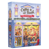 The board game box for 'Coffee Rush: Winter' is shown against a plain white background. The box art features a whimsical, snow-covered cafe facade with warm yellow lights glowing from the windows, decorated with Christmas greenery, and a lively winter scene depicted inside.
