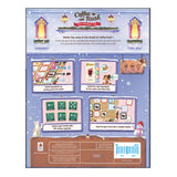 The back of a 'Coffee Rush: Winter' cardboard game box, featuring a light blue winter-themed background with illustrations of glowing windows, snowflakes, and four gameplay panels showing cards and pieces. The bottom section displays product details, a barcode, and the Coffee Rush logo.