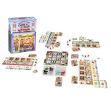 Coffee Rush: The Coffee Bean & Tea Leaf board game set displayed on a white background, showing the main game box, playmat, cards, tokens, and accessories arranged neatly.