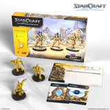 StarCraft tabletop miniatures game set with box, miniatures, and cards on a white background