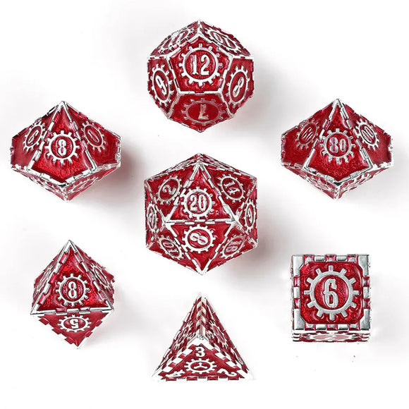 Hymgho Dice: Solid Metal Cogcraft Polyhedral Dice Vernmillion Set Sliver and Red - 7D