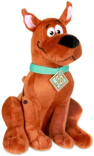 Plush toy resembling a cartoon character with a green collar and 'SD' tag on a white background