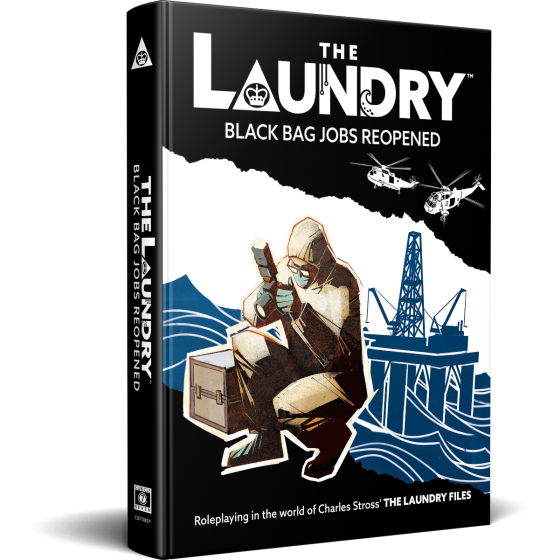 Book titled 'The Laundry: Black Bag Jobs Reopened' with a cover illustration of a character and symbols.