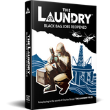 Book titled 'The Laundry: Black Bag Jobs Reopened' with a cover illustration of a character and symbols.