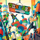 Colorful illustration of a board game cover titled 'Junk Art Revolution' with characters and structures.