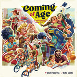 Board game cover titled 'Coming of Age' with colorful illustration of children and adults.