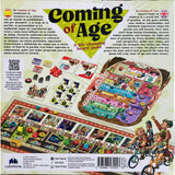 Board game packaging for 'Coming of Age' by Ludonaute, showing the game board and characters.