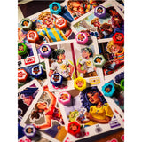 Collection of colorful trading cards with various characters on a white background
