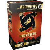 The Werewolves of Miller's Hollow board game box, featuring a black werewolf silhouette over a red and orange gradient background with gold text and accents.
