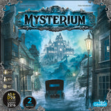 Board game box for 'Mysterium' with a snowy village scene and castle in the background.