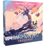 Board game box for 'Harmonies: Crescendo' featuring a stylized illustration of a gnarled tree with a pink, orange, and blue canopy over a landscape. The title 'HARMONIES CRESCENDO' is printed in large white and orange letters at the bottom.