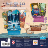 Back cover of the game Harmonies Crescendo, showing artwork for expansion modules and included components like cards, tokens, and a rules info card on a light beige background.