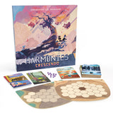 Harmonies: Crescendo board game set displayed on a white background, including the illustrated game box, multiple colorful cards, purple dice, and two large wooden hex-grid boards.