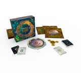 Board game set with cards and pieces on a white background