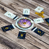 Board game with numbered cards on a wooden surface