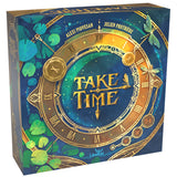 Board game box titled 'Take Time' with decorative clock design on a blue background