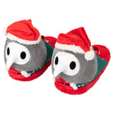 Pair of plush slippers with owl design and Santa hats on a white background