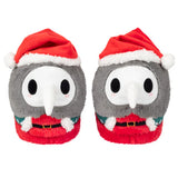 Pair of plush slippers with a Santa hat design on a white background