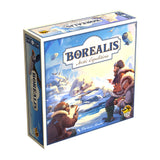 Board game box for 'Borealis: Arctic Expeditions' with polar bears and explorers on a snowy landscape.