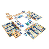 Board game with colorful tiles and pieces on a white background