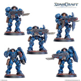 Five blue-armored figures with weapons on a white background, featuring the StarCraft logo.