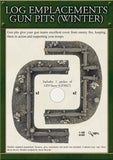 Product packaging for 'Log Emplacements Gun Pits (Winter)' with text and graphics on a green border.