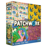 Board game box for 'Patchwork' by Uwe Rosenberg with colorful patterns and characters.