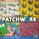 Board game box for 'Patchwork' with colorful patterns and text.