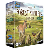 Forest Shuffle Dartmoor Expansion board game box by Asmodee, featuring a green hillside with a brown horse standing among stone monuments and a small bird under a blue sky.