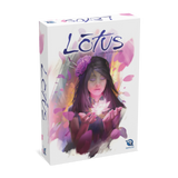 Board game box titled 'Lotus' with a woman holding a flower on a white background