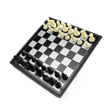 Checkered chessboard with black and white pieces on a white background