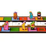 Colorful board game pieces on a colorful board with text