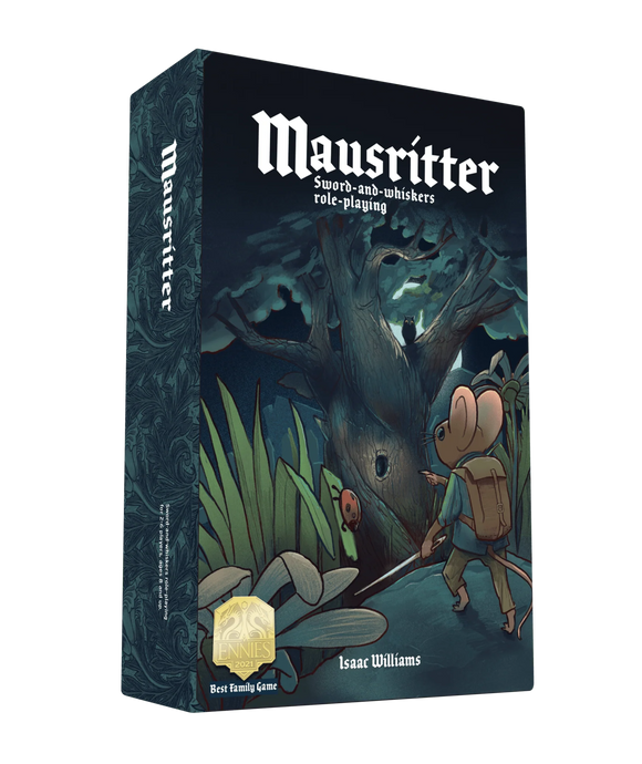 Mausritter role-playing game box with illustration of a mouse character and forest scene.