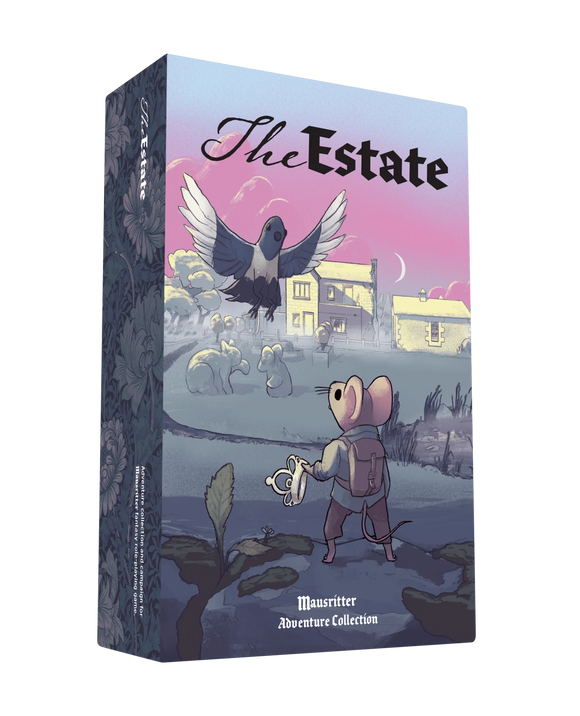 Box for 'The Estate' game by Mausritter Adventure Collection with illustration of a mouse and crow.
