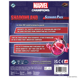 Back of a Marvel Champions: The Card Game Shadowland Scenario Pack box, showing product title, rules text, card count, age rating, logos, and barcode on a dark blue background.