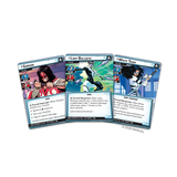Three Marvel tactical combat cards fanned out on a white background: Gorgon, Lady Bullseye, and White Tiger. The cards feature illustrated character art and text boxes with game effects.