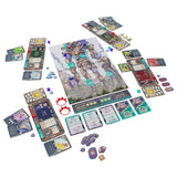 Board game components including cards and a map on a white background