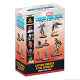 Marvel Crisis Protocol Miniatures Game: Captain America & The Avengers Character Pack box, featuring illustrated character miniatures and product branding on a clean white background.