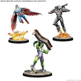 Three unpainted Marvel tabletop gaming miniatures on a white background: a winged red-and-blue character, a silver robotic figure with flame effects, and a green muscular female warrior carrying a shield. Text at the top says the miniatures are supplied unassembled and unpainted.