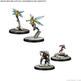 Four unpainted tabletop gaming miniatures shown on a white background, including two insect-like figures with translucent wings and two humanoid figures with metallic armor and bases. Text at the top reads 'MINIATURES ARE SUPPLIED UNASSEMBLED AND UNPAINTED.