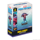 Marvel Crisis Protocol Miniatures Game Onslaught Character Pack box, featuring a comic-style illustration of the Onslaught character on a blue energy base, with Marvel and Crisis Protocol branding.